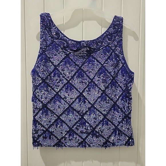 Idell Imports blue fringed beaded sequined cocktail top sleeveless wool Sz M Mod - Picture 1 of 12